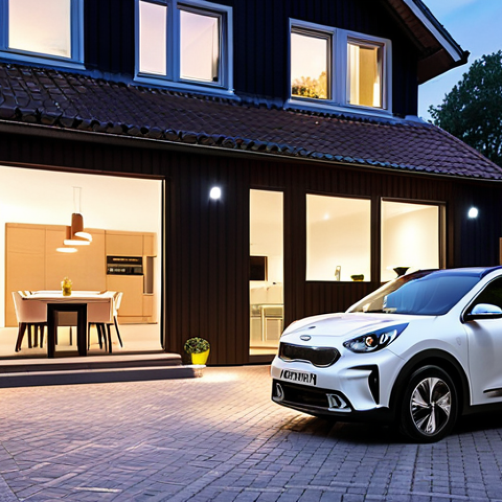 **Home Charging Optimization:** A sleek Kia Niro EV charging at night in front of a modern Dutch house. The charging port emits a soft, intelligent glow. On a nearby table, a tablet displays a dynamic energy tariff graph, with lower prices highlighted, and subtle graphical elements indicating significant financial savings in Euros. The scene conveys comfort, financial wisdom, and advanced home energy management. Photorealistic, soft ambient lighting.