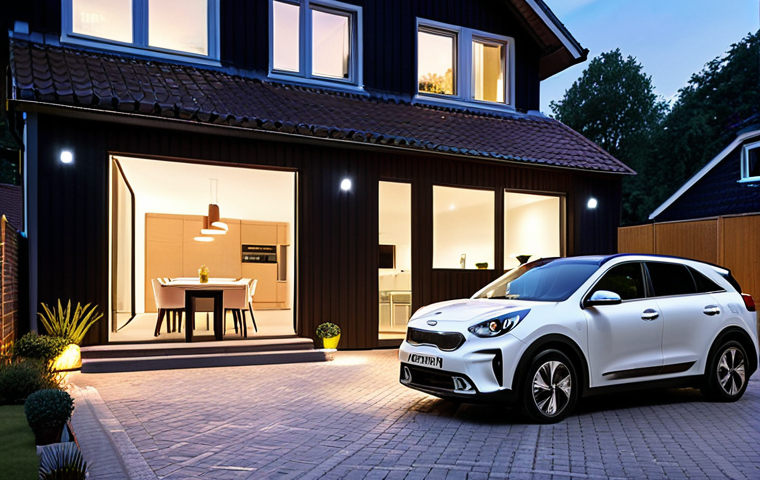 **Home Charging Optimization:** A sleek Kia Niro EV charging at night in front of a modern Dutch house. The charging port emits a soft, intelligent glow. On a nearby table, a tablet displays a dynamic energy tariff graph, with lower prices highlighted, and subtle graphical elements indicating significant financial savings in Euros. The scene conveys comfort, financial wisdom, and advanced home energy management. Photorealistic, soft ambient lighting.